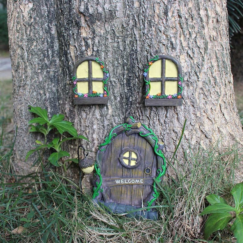 IMOFEE Fairy Door and Windows Garden Kit Accessories Outdoor, Glow in Dark Gnome House for Tree, Lawn Yard Art Sculpture, Miniature Garden Decor (Gnome) - Image 2